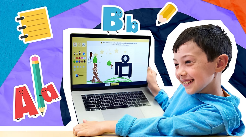 Illustration for BrainPOP Jr.'s blog post 'BrainPOP Jr. Activities to Boost Writing, Speaking, and Creativity,' showing a boy smiling at a laptop displaying a coding activity, surrounded by colorful letter graphics