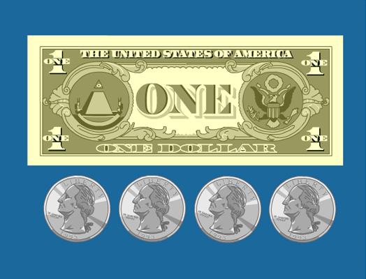 Illustration from BrainPOP Jr.'s Basic Parts of a Whole topic showing a one-dollar bill above four quarters, representing how the coins make up the whole.