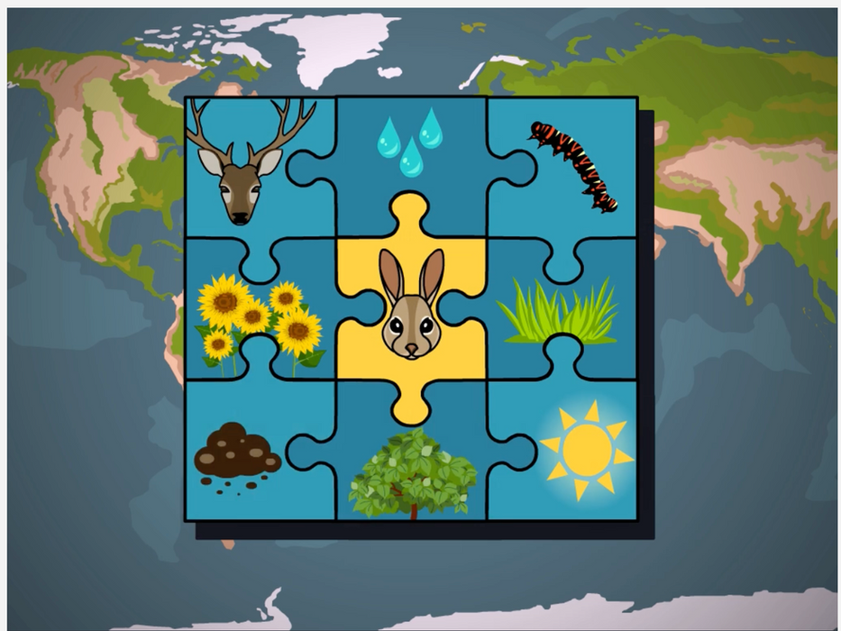 Illustration from BrainPOP's Ecosystems topic showing a nine-piece puzzle with images representing ecosystem components — a deer, water droplets, a caterpillar, sunflowers, a rabbit, grass, soil, a tree, and the sun — overlaid on a world map.