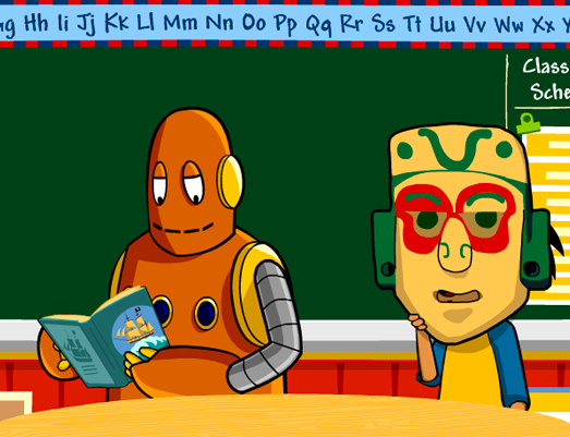 Illustration from BrainPOP Jr.'s Maya Civilization topic showing Moby holding a book with a ship on the cover. Next to Moby, Annie is wearing a Maya-inspired headdress and mask in a classroom, with an alphabet strip and class schedule in the background.