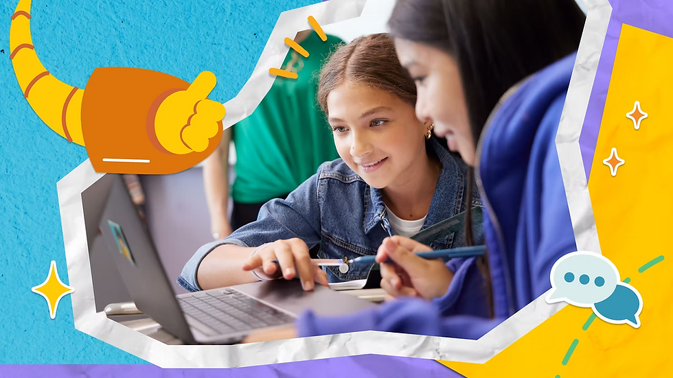 Students working on a laptop. Moby gives a thumbs up. An icon represents AI literacy.
