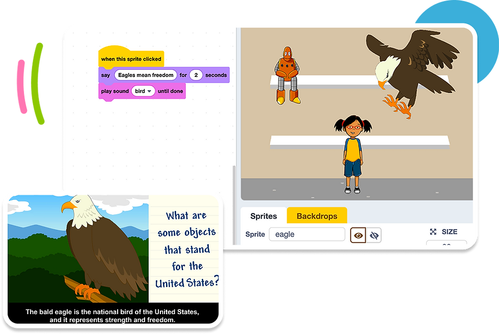 BrainPOP Jr.'s U.S. Symbols topic showing a Creative Coding project with block code making an eagle sprite say 'Eagles mean freedom,' Annie and Moby in the coding stage, and a video thumbnail explaining the bald eagle as a national symbol of strength and freedom