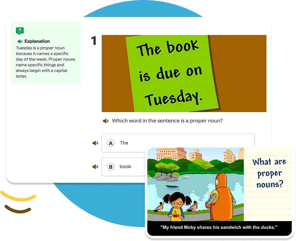 BrainPOP Jr.'s Nouns topic showing a quiz question asking which word is a proper noun in the sentence 'The book is due on Tuesday,' with an explanation that Tuesday is a proper noun because it names a specific day and begins with a capital letter, and a video thumbnail of Annie feeding ducks with Moby.