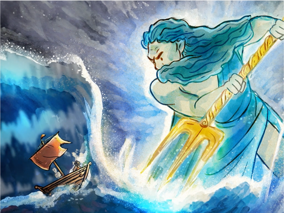 Illustration from BrainPOP's Adventure Stories topic showing a giant sea god with flowing blue hair wielding a golden trident, towering over a small sailboat caught in stormy waves.