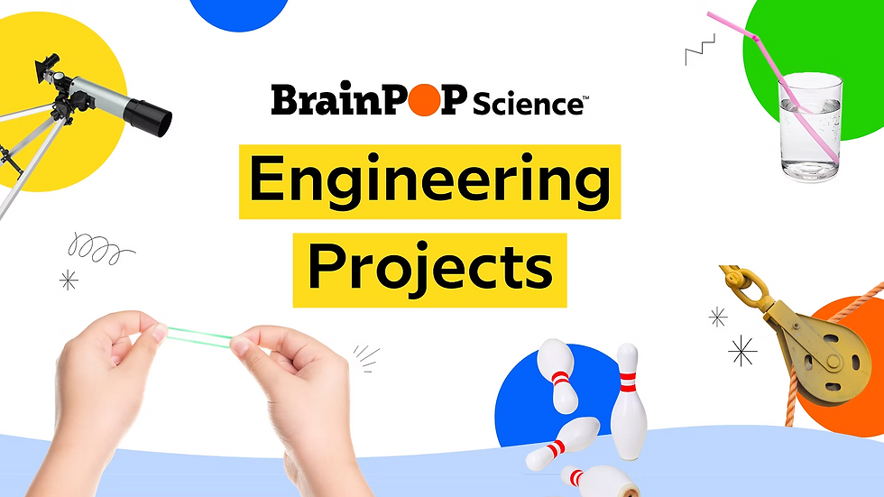 BrainPOP Science Engineering Projects: Hands building a paper structure, surrounded by icons of a magnifying glass, cup, bowling pins, and a telescope.