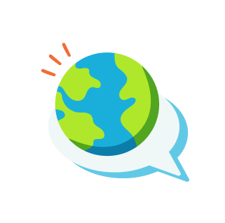 Cartoon Earth inside a speech bubble, representing moving through barriers to global communication.