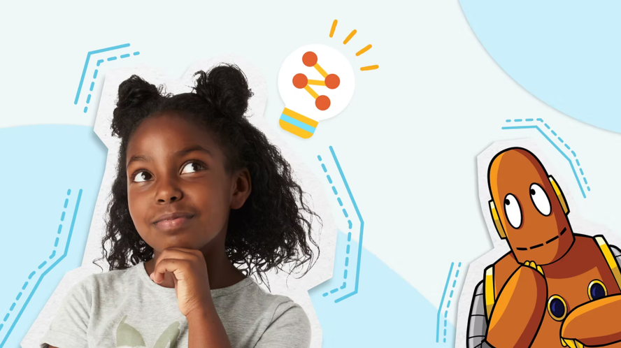 Young girl and Moby the robot thinking with an idea lightbulb.