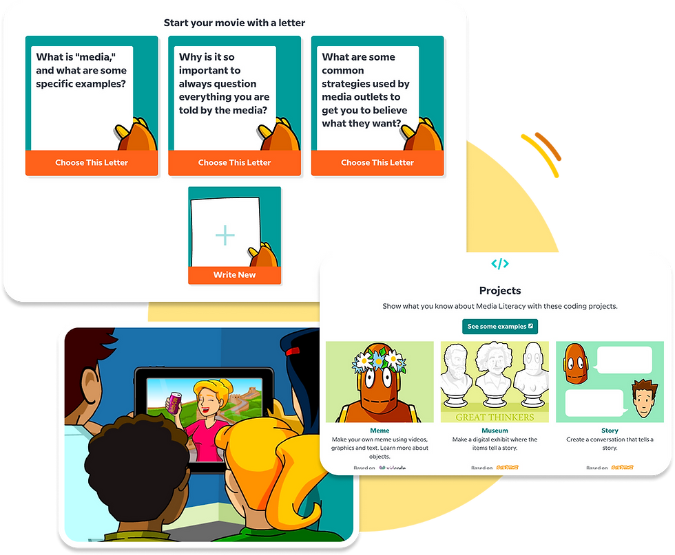 BrainPOP's Media Literacy topic showing a Make-a-Movie letter selection screen with prompts about media and messaging, Creative Coding project options for a meme, museum, and story, and an illustration of Moby and friends watching a TV commercial.