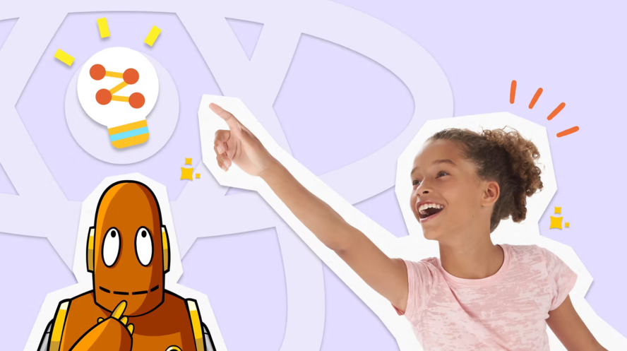 Girl points at lightbulb idea with Moby the robot