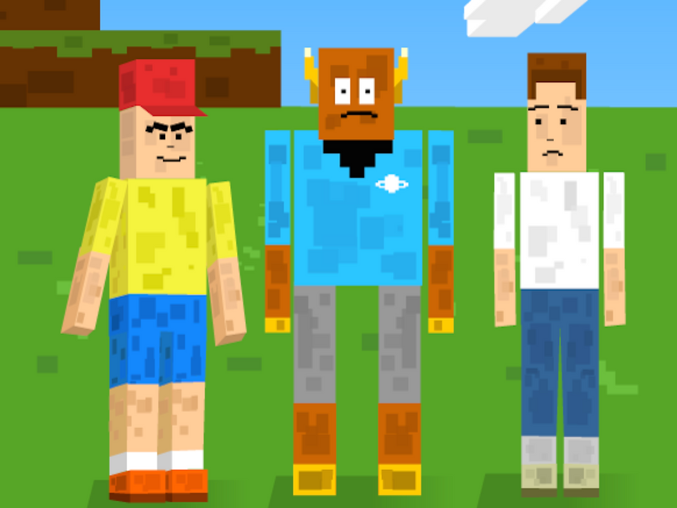 Pixelated versions of Tim, Moby, and a friend in a role-playing game on a computer screen. From BrainPOP's topic on Digital Etiquette.
