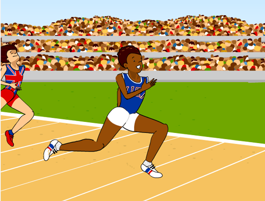 Illustration from BrainPOP Jr.'s Biography topic showing a woman running on a track in a Team USA uniform, competing ahead of another runner, with a crowded stadium in the background.
