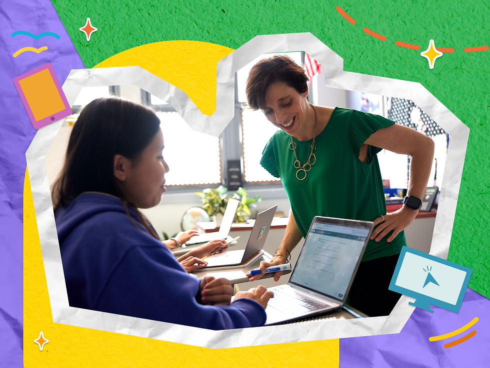 Teacher in green smiles and leans over a student using a laptop in a bright classroom, with colorful graphic border. AI icon. 