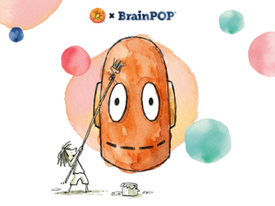 "The Dot x BrainPOP" logo above a watercolor illustration of a child painting Moby's face with a paintbrush, surrounded by decorative watercolor circles.