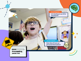 Boy in a classroom raises his hand beside AI-themed text bubbles about plagiarism, schoolwork, and personal information.