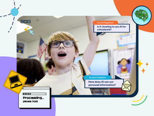 Boy in a classroom raises his hand beside AI-themed text bubbles about plagiarism, schoolwork, and personal information.