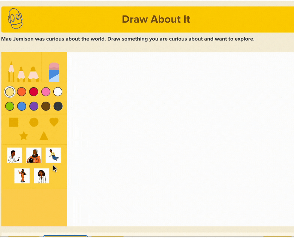BrainPOP Jr. interface of a feature titled "Draw About It" with colored pencils, shapes, icons, and Mae Jemison text prompt on a yellow background.