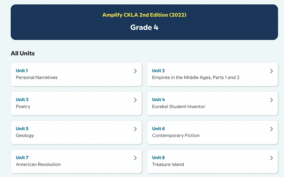 Grade 4 curriculum image: Amplify CKLA, showing units like Personal Narratives, Poetry, and American Revolution on a white background.