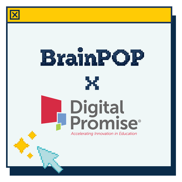 BrainPOP x Digital Promise logo in a retro computer window, with a pixel cursor and yellow sparkles on a pale background.