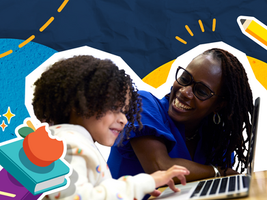 Child in white hoodie uses a laptop, smiling adult in blue shirt watches. Background features colorful illustrations, apple, books.