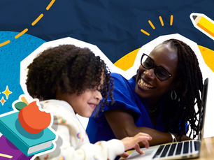 Child in white hoodie uses a laptop, smiling adult in blue shirt watches. Background features colorful illustrations, apple, books.