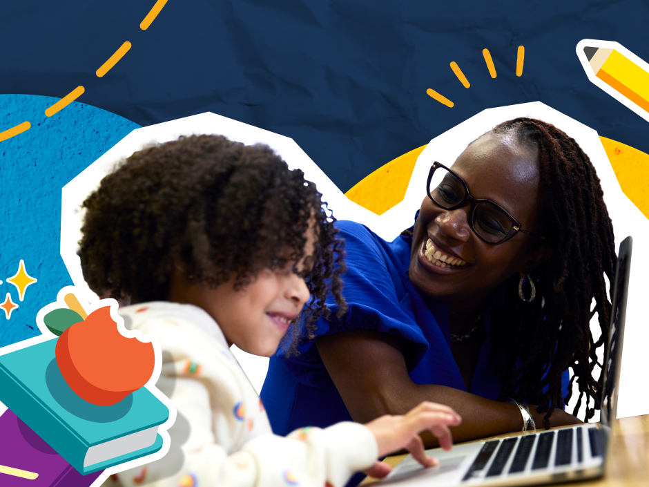 Child in white hoodie uses a laptop, smiling adult in blue shirt watches. Background features colorful illustrations, apple, books.