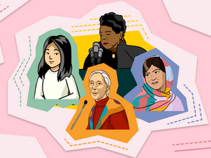 Illustrated portraits of four women, Maya Angelou, Maya Lin, Jane Goodall, and Malala, on a pink background. Each is framed in different colors: green, yellow, orange, and blue. No text visible.