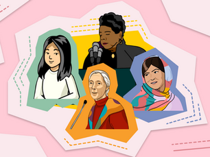 Illustrated portraits of four women, Maya Angelou, Maya Lin, Jane Goodall, and Malala, on a pink background. Each is framed in different colors: green, yellow, orange, and blue. No text visible.