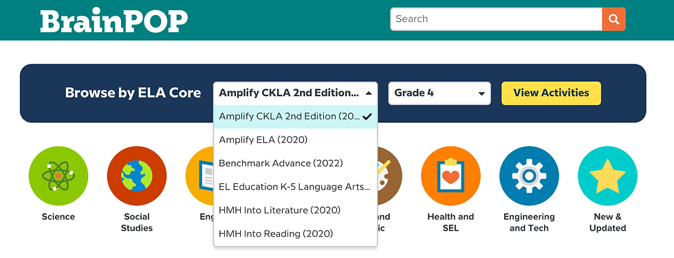 BrainPOP interface with dropdown showing curriculum options. Icons for Science, Social Studies, and more. Search bar and "View Activities" button.