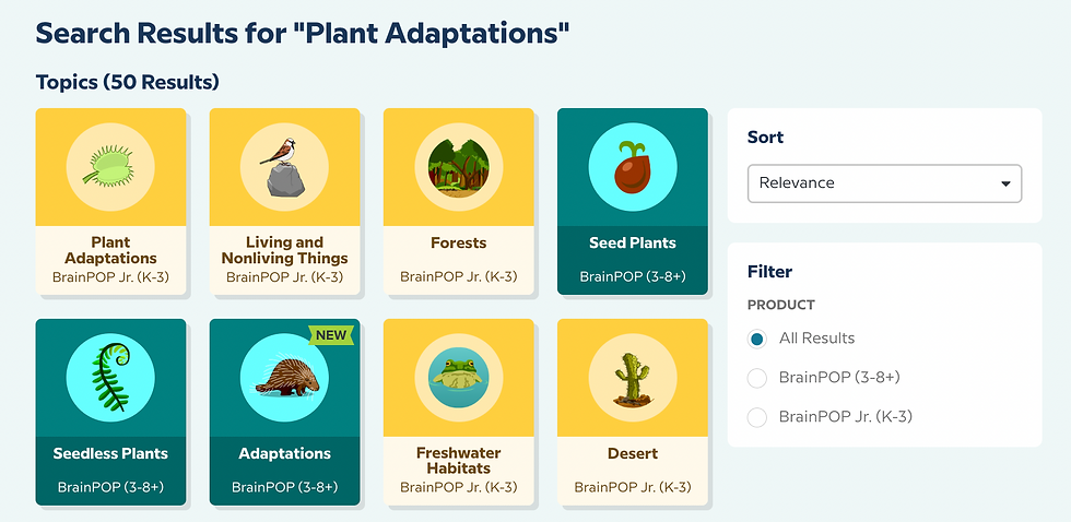Search results for "Plant Adaptations." Eight colorful topic cards from BrainPOP with illustrations; new feature label on "Adaptations."