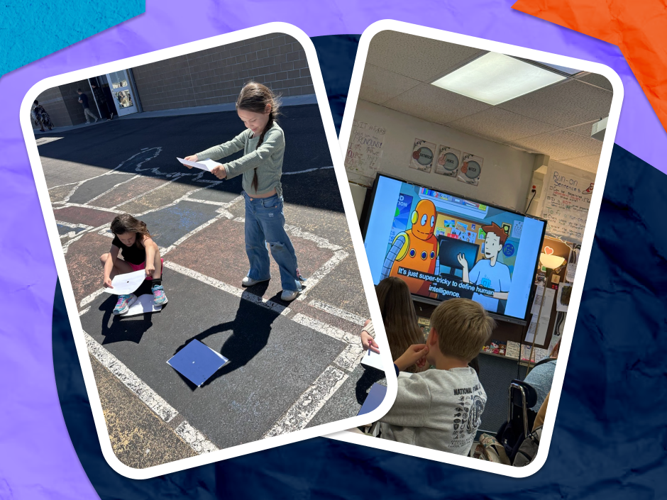 Children learning in a classroom, watching a TV screen. Photos of kids outside and a water tower labeled Elko. Elko County School District logo.
