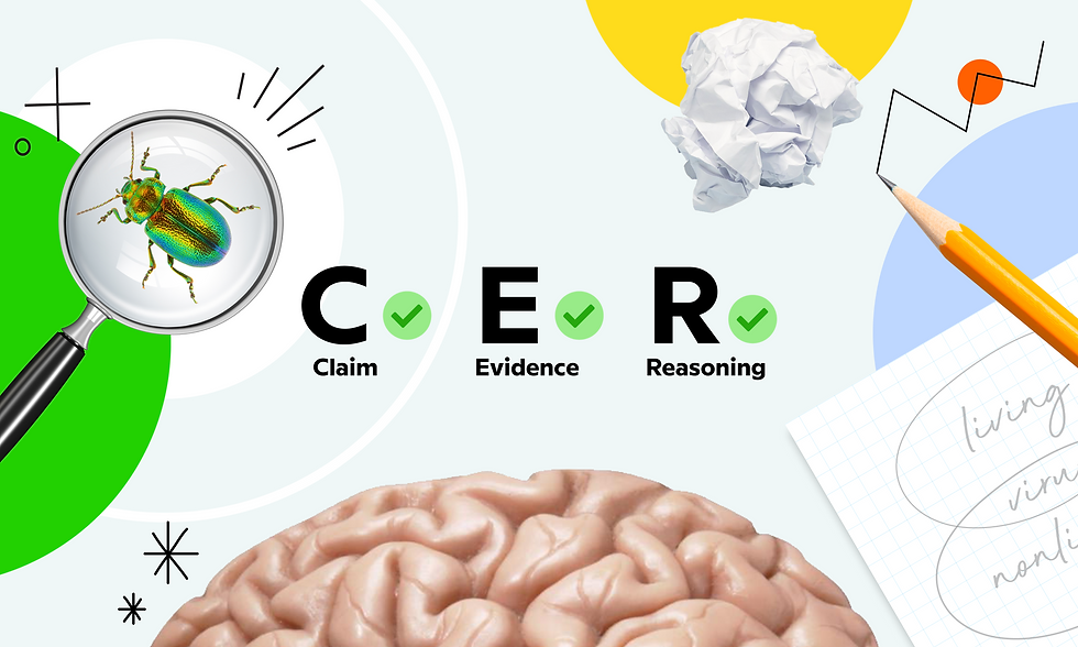Magnifying glass over a large "5" with text: "Ways to Incorporate Claim-Evidence-Reasoning (CER) in Your Middle School Science Classroom." Brain and pencil shown.