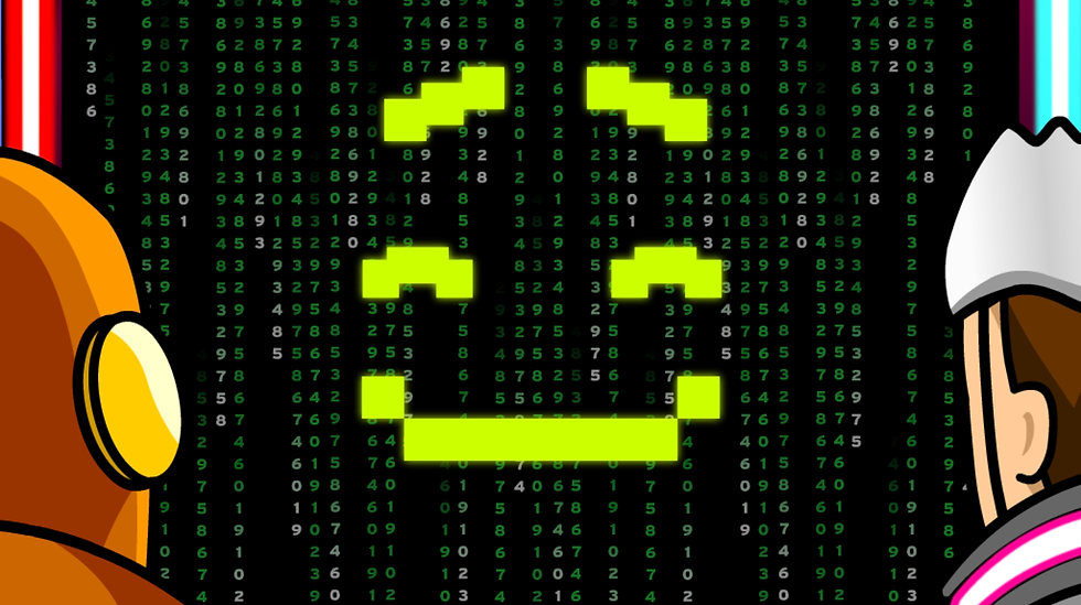 Two cartoon figures facing a green matrix code on a black background. A yellow smiley face is formed by the numbers, creating a digital mood.