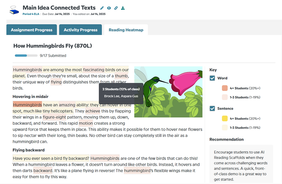 Educational platform screenshot showing highlighted text about hummingbirds. A hummingbird illustration with a flower is on the right.