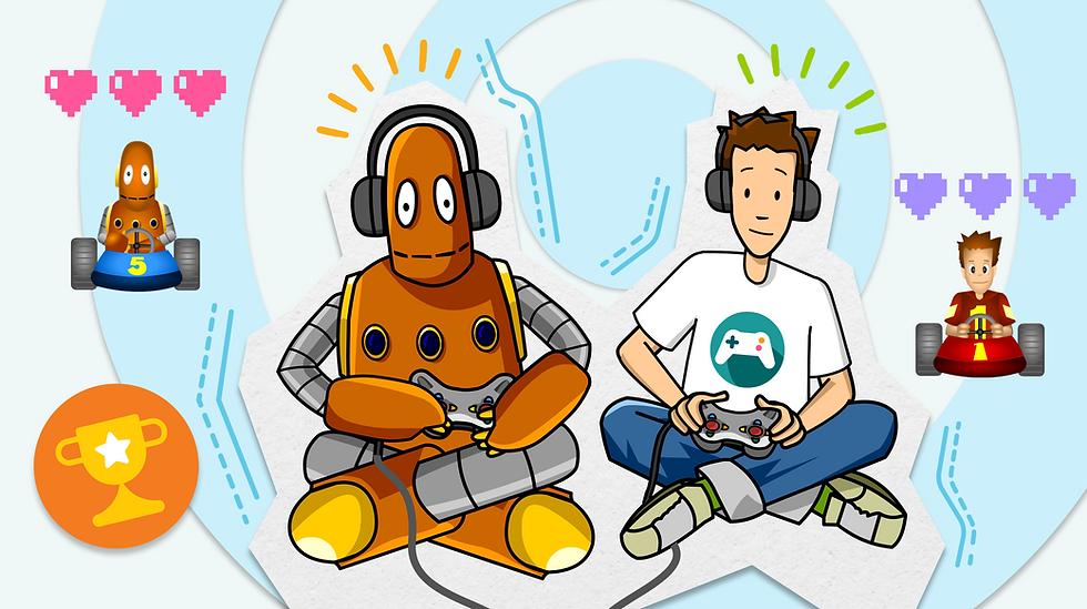 Moby the orange robot and boy play video games with controllers, wearing headphones. Cartoon visuals, hearts and karting theme. Trophy icon on orange circle.