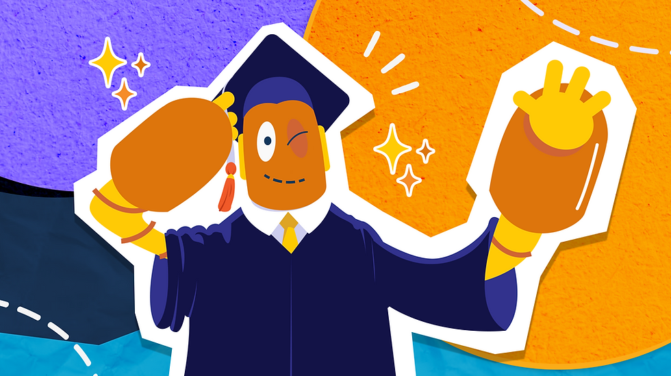 Moby the robot in graduation attire winks and waves. Background is a mix of vibrant purple, orange, and blue with sparkles. Celebratory mood.