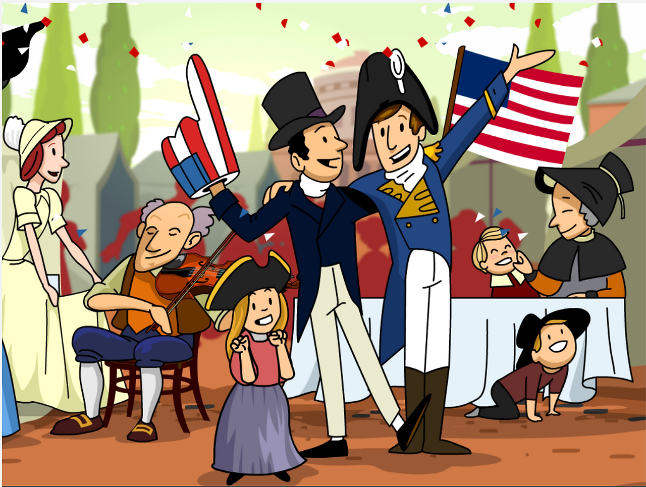 4th of July parade from BrainPOP's Independence Day movie. Characters point red, white, and blue foam fingers, American flags, and wear patriotic costumes.