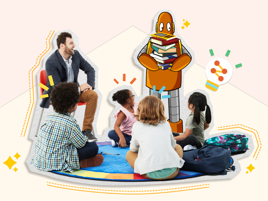 Moby and a teacher hold books while young students sit around them on a carpet.