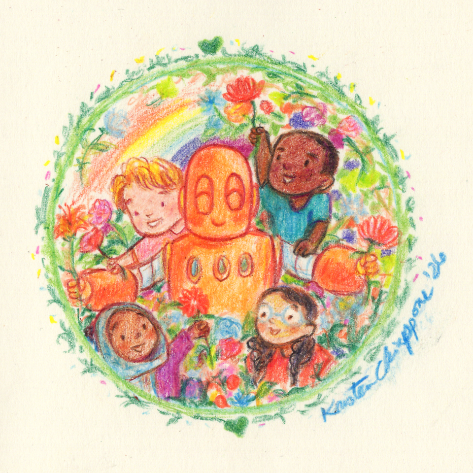 Colored pencil drawing of Moby and children encircled by a wreath of flowers and leaves, with a rainbow in the background.