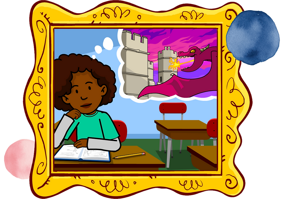 A girl sitting at a school desk reading a book, with a thought bubble above showing a castle and a purple dragon, framed in a decorative yellow illustrated border.