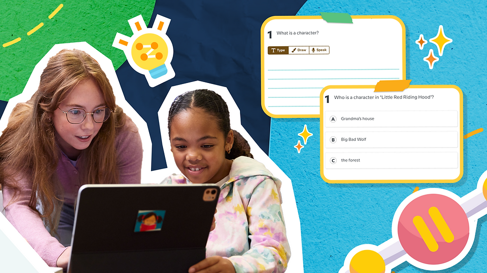 A teacher and young female students happily explore a tablet. Background: educational questions about characters, colorful icons, and a blue-green backdrop.