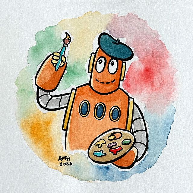 Watercolor illustration of Moby wearing a beret and holding a paintbrush and paint palette, set against a colorful circular background.