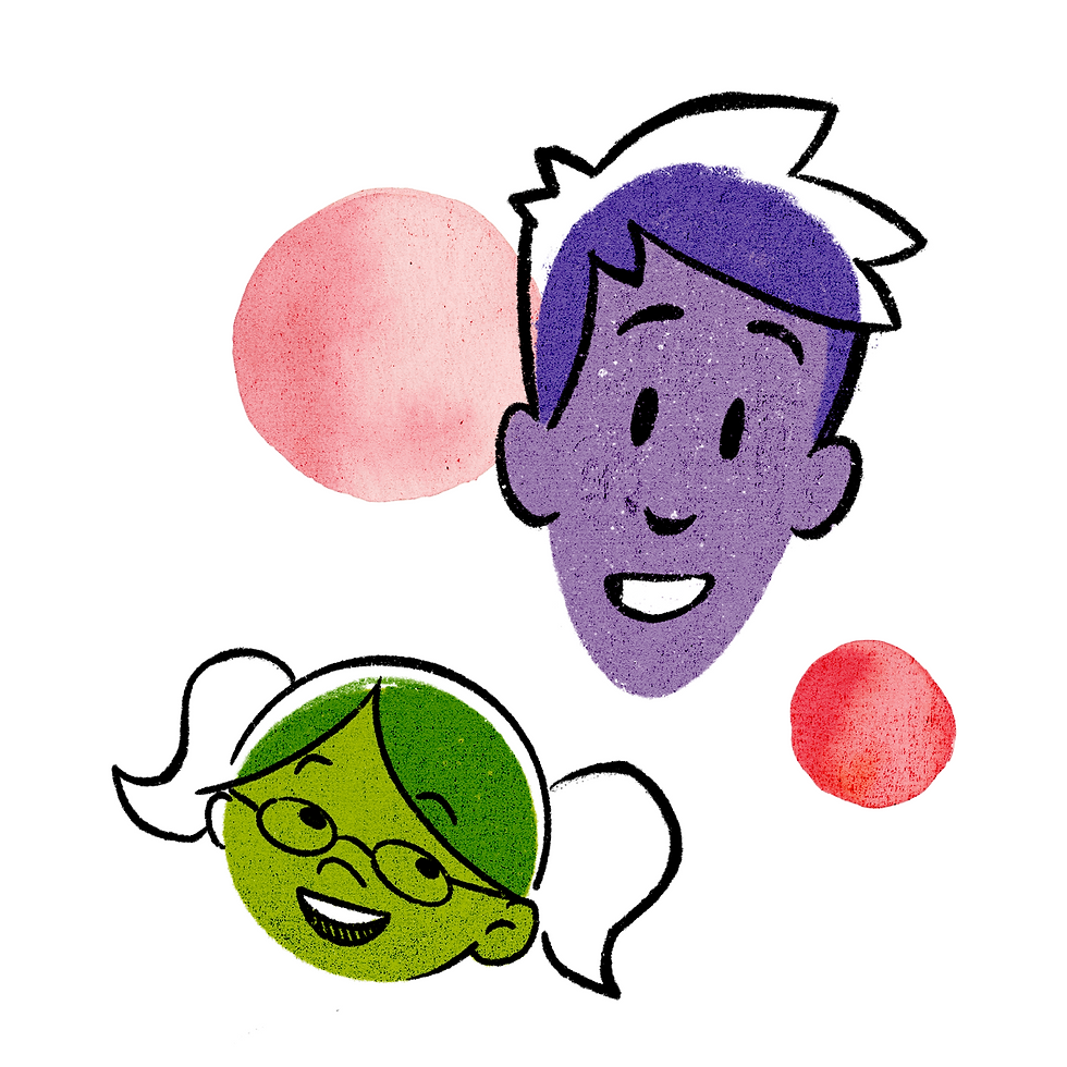 Illustrations of Tim and Annie's faces in purple and green, respectively, in The Dot's art style.