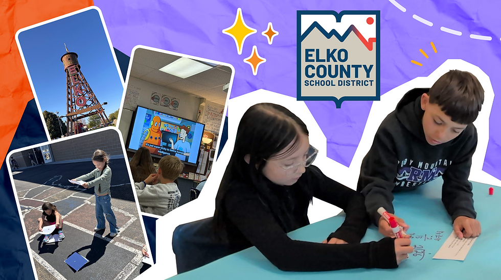 Children learning in a classroom, watching a TV screen. Photos of kids outside and a water tower labeled Elko. Elko County School District logo.