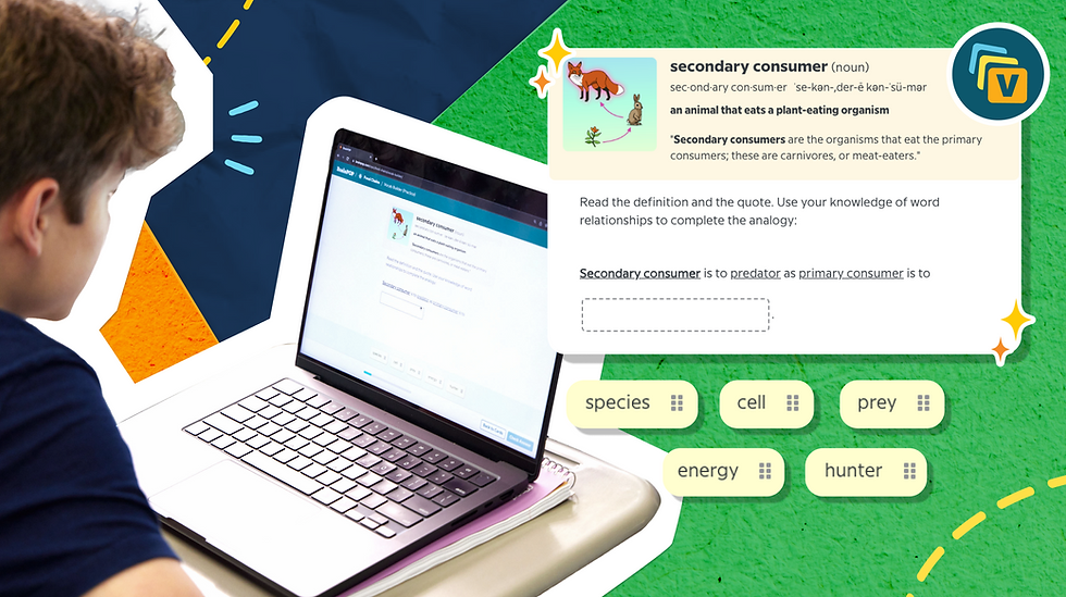 A boy uses a laptop for a biology task on secondary consumers. Background includes colorful graphics and answer options like "prey" and "hunter."