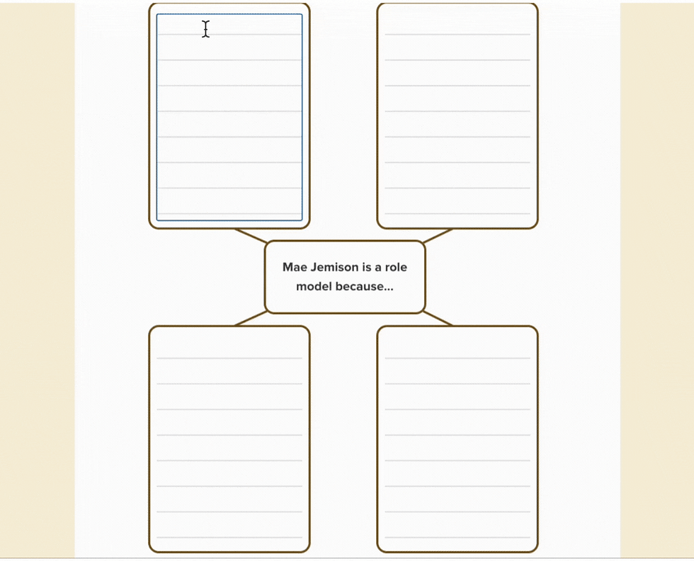 BrainPOP Jr. interface of it's "Talk About It" feature showing a flowchart with a central box, "Mae Jemison is a role model because," connecting to four blank lined boxes. Simple layout, beige background.
