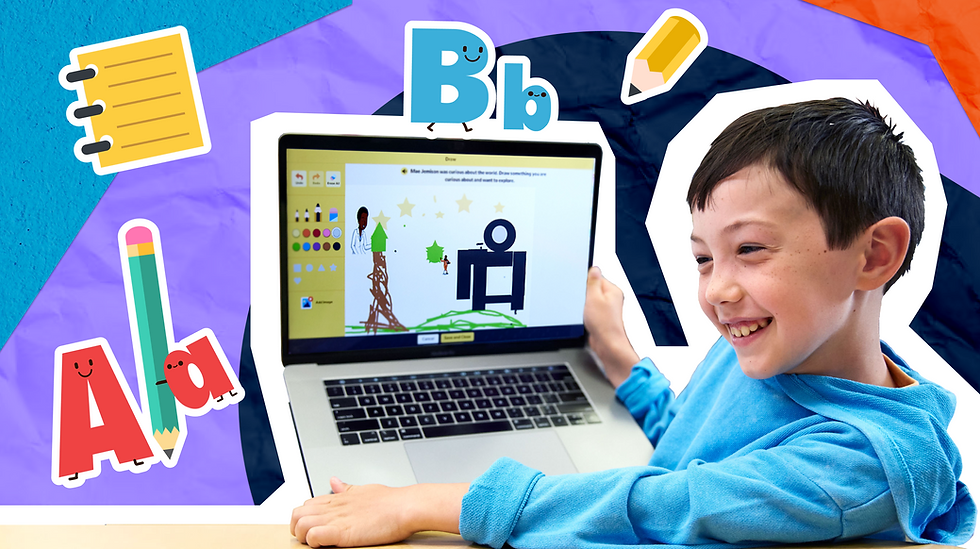 Smiling boy in blue shirt using a laptop, surrounded by colorful alphabet and pencil graphics on a vibrant blue and orange background.