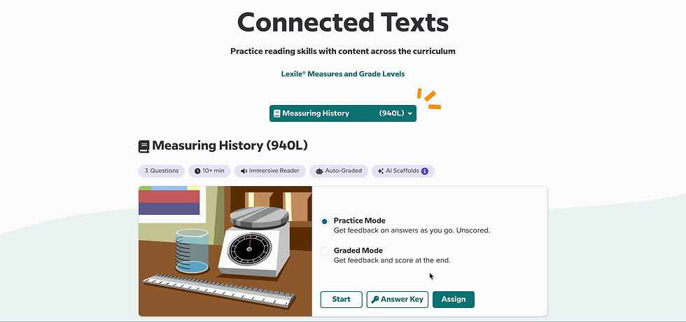 Online learning tool interface, titled Measuring History (940L) with options for Practice or Graded Mode. Features a scale, beaker, ruler.
