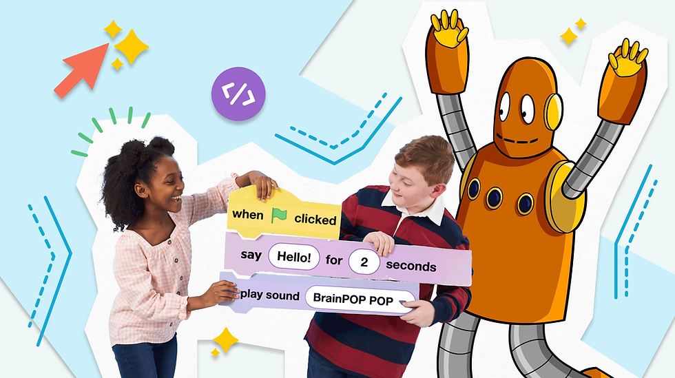 Children holding coding blocks with Moby the orange robot on a colorful background. Blocks read: "when clicked, say Hello!, play sound BrainPOP POP."
