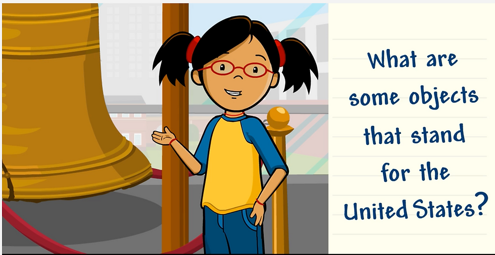 Annie stands next to the Liberty Bell and asks "What are some objects that stand for the United States?" From BrainPOP Jr.'s topic on U.S. Symbols.