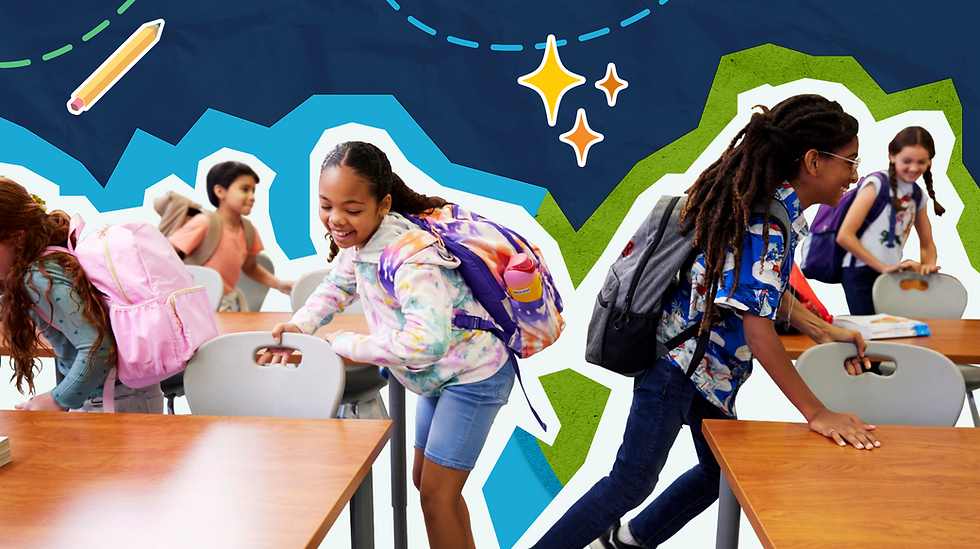 Children with colorful backpacks joyfully push chairs at desks, against a vibrant, abstract background with stars and a pencil.